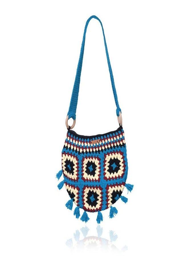 Sutra Handmade Wool Crochet Blue Strap Patchwork Bag | Boho Shoulder Purse | Eco-Friendly Reusable Tote Bag | Summer Beach Handbag for Women Girls - Image 1