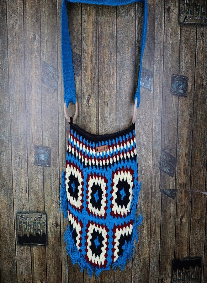 Sutra Handmade Wool Crochet Blue Strap Patchwork Bag | Boho Shoulder Purse | Eco-Friendly Reusable Tote Bag | Summer Beach Handbag for Women Girls - Image 3