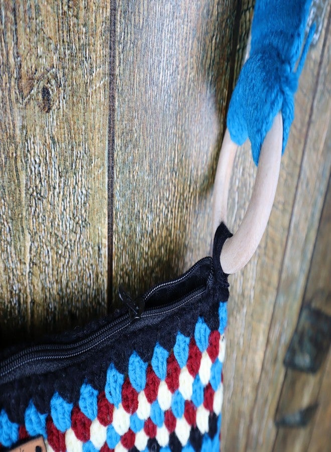 Sutra Handmade Wool Crochet Blue Strap Patchwork Bag | Boho Shoulder Purse | Eco-Friendly Reusable Tote Bag | Summer Beach Handbag for Women Girls - Image 4