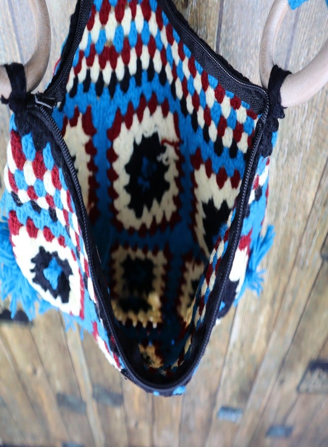 Sutra Handmade Wool Crochet Blue Strap Patchwork Bag | Boho Shoulder Purse | Eco-Friendly Reusable Tote Bag | Summer Beach Handbag for Women Girls - Image 5