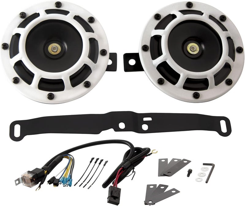 FARBIN Waterproof Car Horn Loud Super tone High Tone/Low Tone Metal Twin Horns Kit with Protective Grill (white horn with harness and bracket) - Image 1