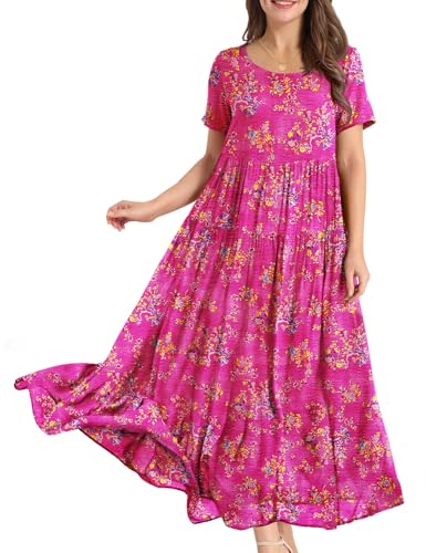 YESNO Women Casual Loose Bohemian Floral Dress with Pockets Short Sleeve Long Maxi Summer Beach Swing Dress 2XL EJF CR26 Pink - Image 5