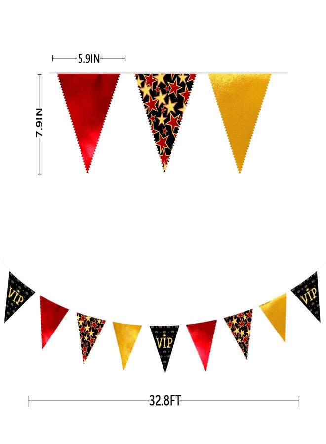 pinkblume 32Ft Hollywood Theme Party Decorations Red Black Gold VIP Star Triangle Flag Fabric Banner Pennant Garland Streamer for Movie Night Birthday Baby Shower Film Show Music Award Party Decor Supplies - Image 3