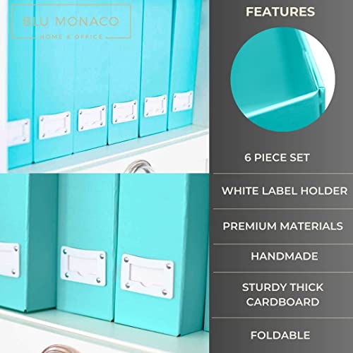 BLU MONACO Set of 6 Aqua Magazine File Holders | Foldable Magazine Storage Boxes with White Leather Label Holders | Vertical File Organizer for Desk, Shelves & Home Office - Image 5