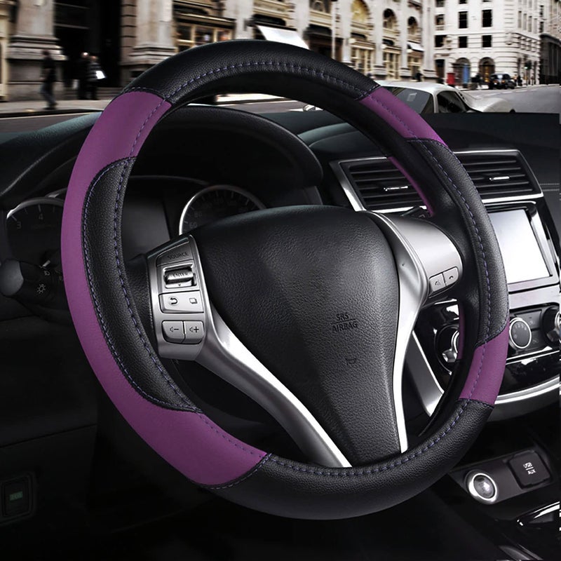 szttswamp Leather Car Steering Wheel Cover, Non-Slip Car Wheel Cover Protector Breathable Microfiber Leather Universal Fit for Most Cars (Purple-2) - Image 1