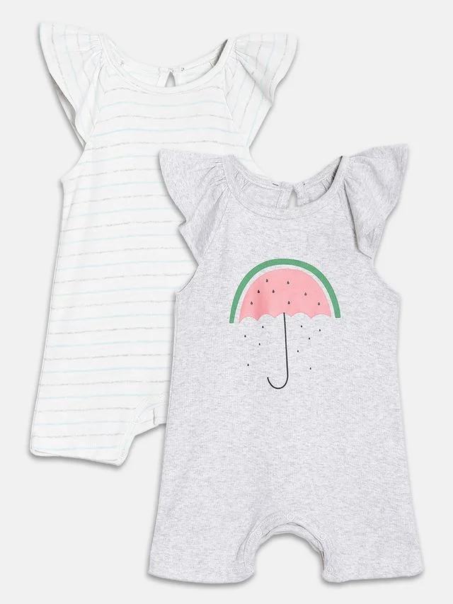 Broon Broon Infant Girls White and Grey Printed Organic Cotton Rompers Pack of 2