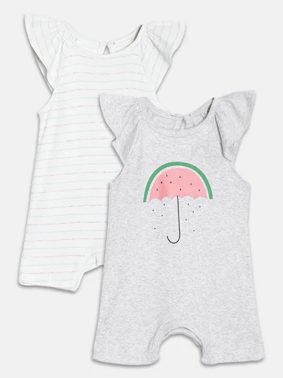 Broon Broon Infant Girls White and Grey Printed Organic Cotton Rompers Pack of 2