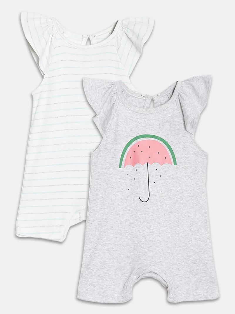 Broon Broon Infant Girls White and Grey Printed Organic Cotton Rompers Pack of 2