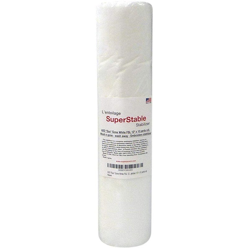 Superpunch Wash Away Stabilizer SuperStable H2O Eau Gone White FSL 12 inch x 10 Yard Roll  Machine Embroidery Stabilizer Backing Wash n Gone Wash Away for Free Standing Lace Made in USA