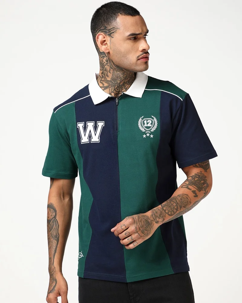 bewakoof Men's Navy Blue & Forest Biome Green Color Block Oversized Polo T-shirt