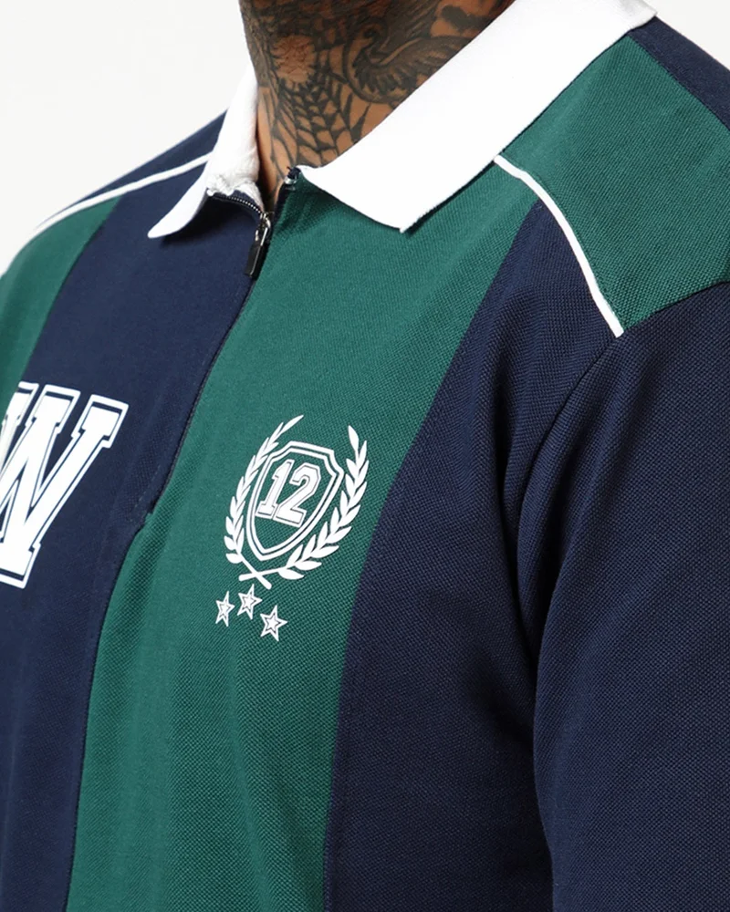 bewakoof Men's Navy Blue & Forest Biome Green Color Block Oversized Polo T-shirt