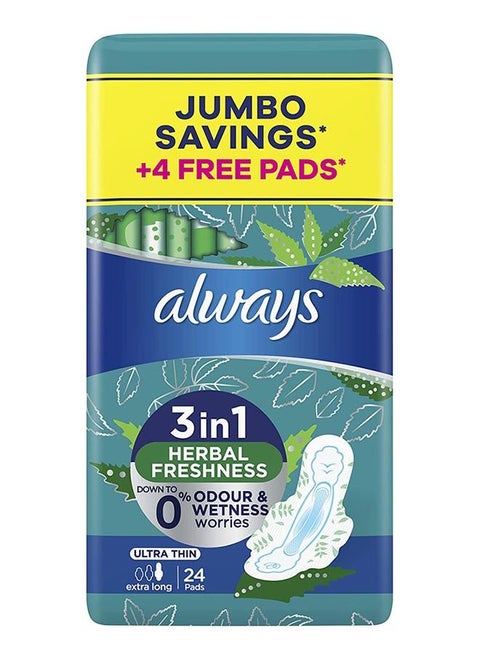 Ultra 3In1 Herbal Freshness Ultra Thin Extra Long Sanitary Pad With Wings 24 Pad Count