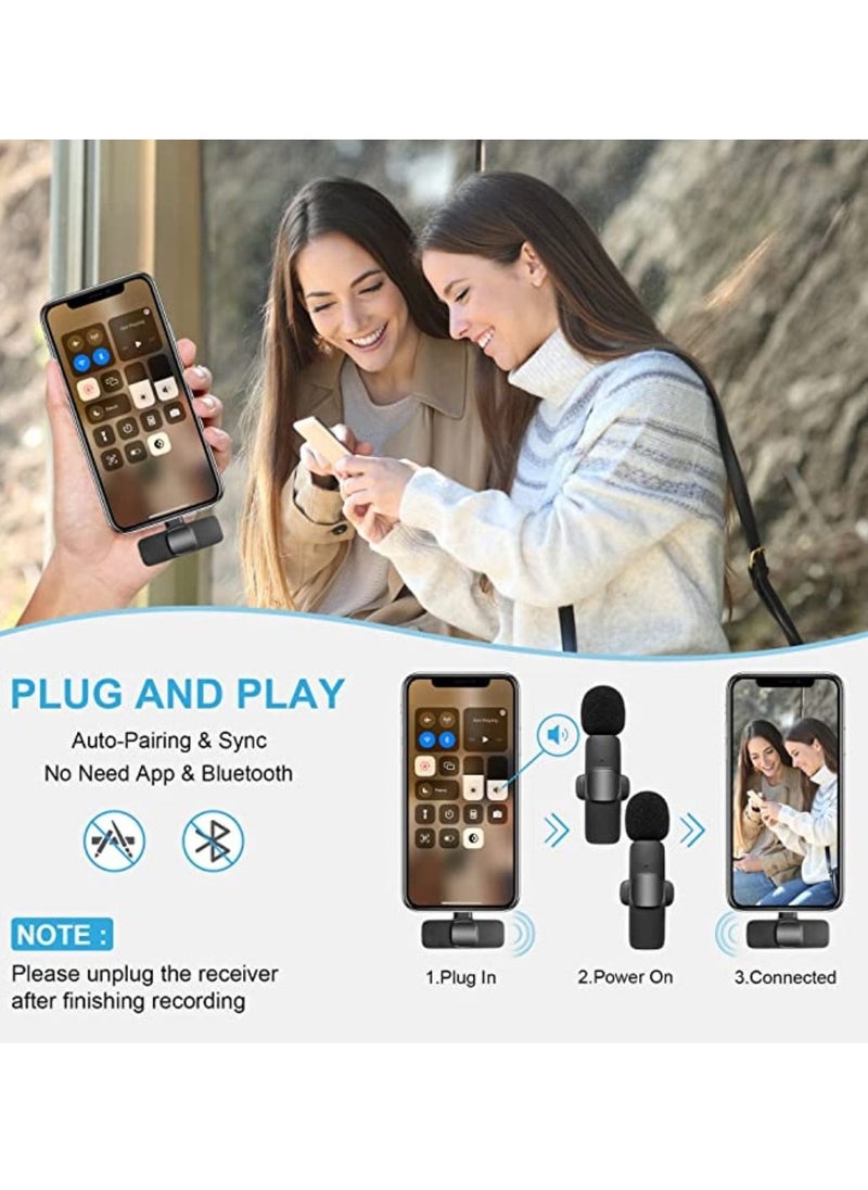 2 Pcs K9 Wireless Lavalier Microphone For iPhone iPad, Wireless Mic Playback Compass For Recording, Live Streaming, YouTube, Tik Tok, Facebook, Auto Noise Reduction Sync
