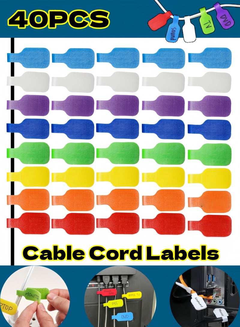40PCS Cable Labels,Large Multicolor Cable Cord Labels,Write On Cord Tags,Reusable Wire Tags for Organizing and Identifying Cables for Charging Cords Management and Identification (8 Colors) - Image 1