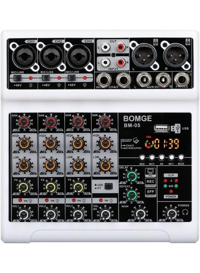 BOMGE BM-05-W 5 Channel Audio Mixer with USB Bluetooth 48V Phantom Power for Recording Streaming and Podcasting - Image 1