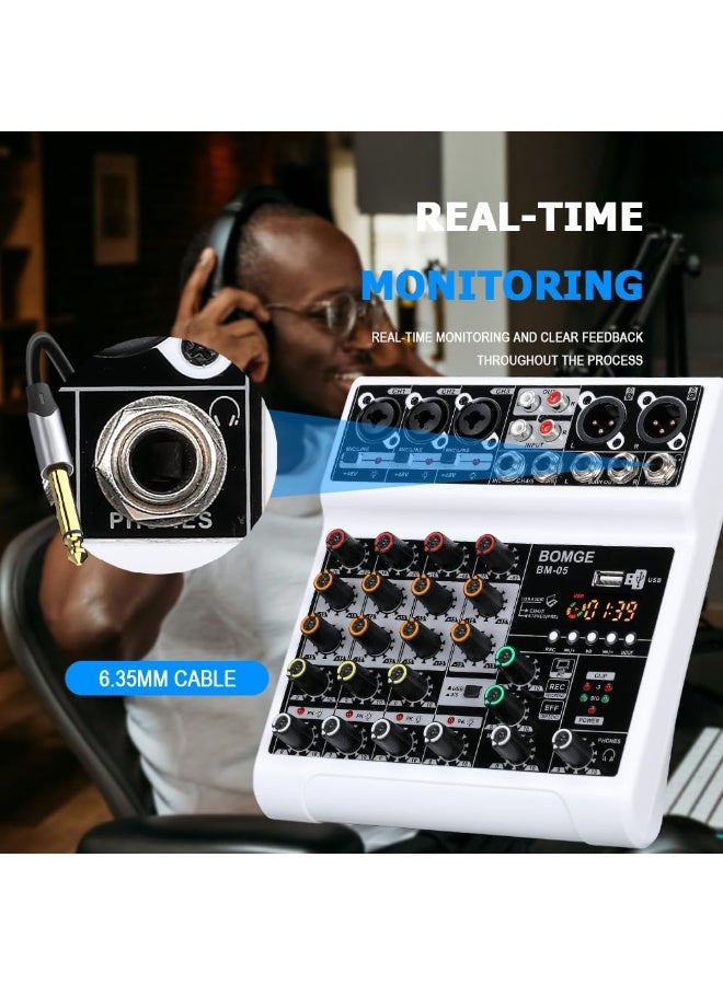BOMGE BM-05-W 5 Channel Audio Mixer with USB Bluetooth 48V Phantom Power for Recording Streaming and Podcasting - Image 2