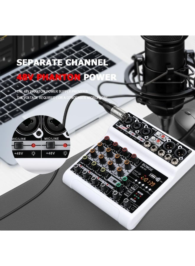 BOMGE BM-05-W 5 Channel Audio Mixer with USB Bluetooth 48V Phantom Power for Recording Streaming and Podcasting - Image 4