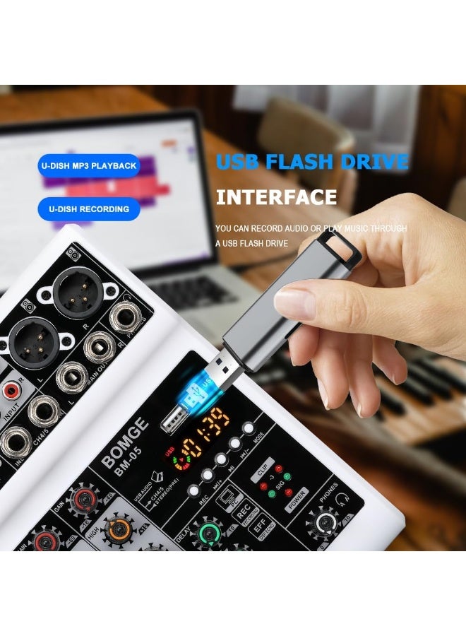 BOMGE BM-05-W 5 Channel Audio Mixer with USB Bluetooth 48V Phantom Power for Recording Streaming and Podcasting - Image 5