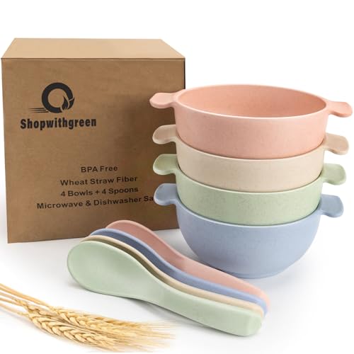 shopwithgreen Unbreakable Kids Bowls -Microwave Dishwasher Safe- Wheat Straw Snack Bowl Sets for Kids/Toddler/Children/Baby Feeding - 4 Bowls and 4 Spoons, Lightweight and Durable, 14 OZ - Image 1