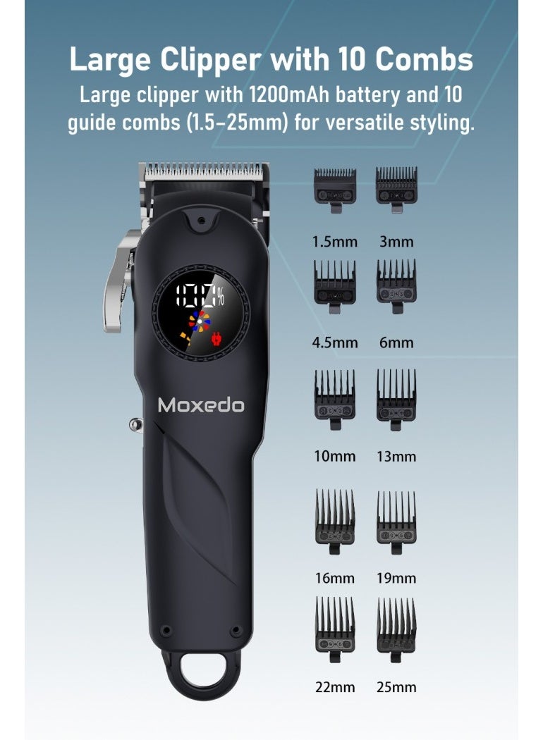 Moxedo مقص شعر كهربائي لاسلكي قابل لإعادة الشحن من موكسييدو أورفكس برأس T-Blade مع 5 مستويات ضبط و 10 مشط توجيه وعرض LCD من 15-25 مم مع مجموعة العناية - Image 4