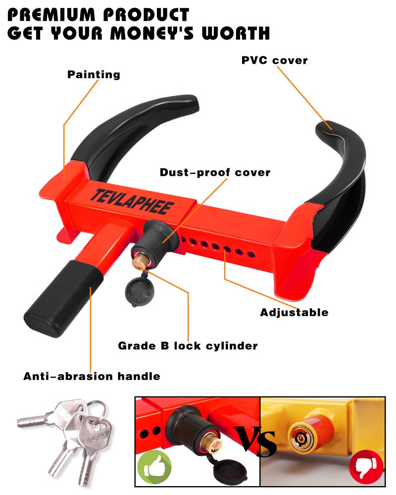 Tevlaphee Universal Wheel Lock Heavy Duty Security Trailer Wheel Lock Anti Theft Wheel Locks for Cars SUV Camper Motorcycle Trailer Great Deterrent Bright Color with 3 Keys (Black-red) - Image 4