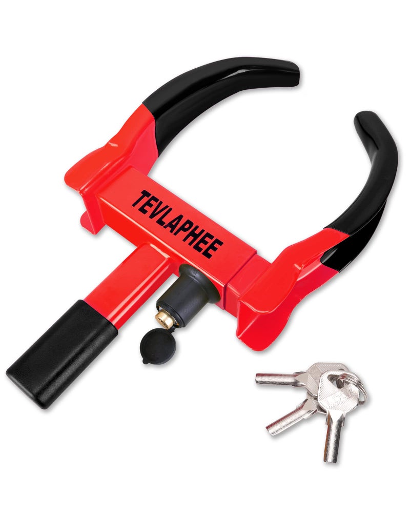 Tevlaphee Universal Wheel Lock Heavy Duty Security Trailer Wheel Lock Anti Theft Wheel Locks for Cars SUV Camper Motorcycle Trailer Great Deterrent Bright Color with 3 Keys (Black-red) - Image 1
