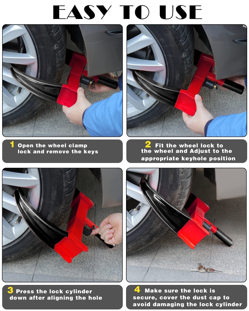 Tevlaphee Universal Wheel Lock Heavy Duty Security Trailer Wheel Lock Anti Theft Wheel Locks for Cars SUV Camper Motorcycle Trailer Great Deterrent Bright Color with 3 Keys (Black-red) - Image 5