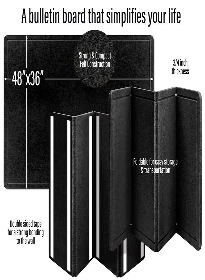 Shop Square Large Bulletin Board 48 x 36 Inches - Foldable Felt Bulletin Board for Wall, Cork Board Alternative with 100 Color Pins & 6 Note Pads, Vision Board - Black - Image 2