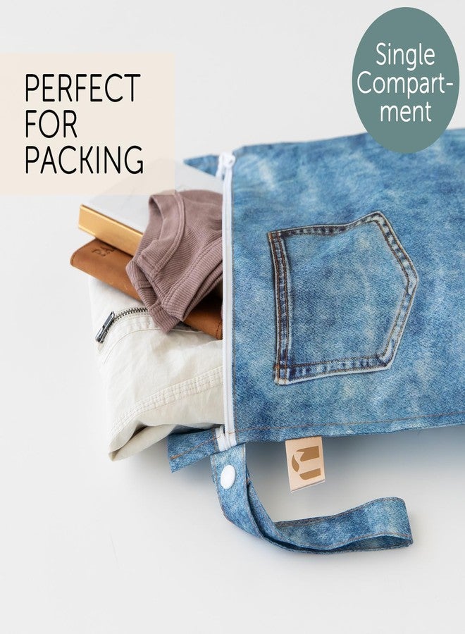 BUMKiNs Roamio Waterproof Wet Bag for Baby, Travel, Swim Suit, Cloth Diapers, Pump Parts, Pool, Gym Clothes, Toiletry, Hook to Stroller, Daycare, Zipper Reusable Bag, Wetdry Packing Pouch, Faux Pocket Denim - Image 2