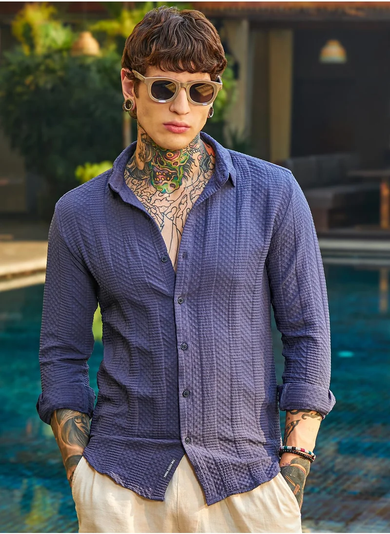 كامبوس سوترا Men's Berry Blue Parallel-Check Tactile Shirt