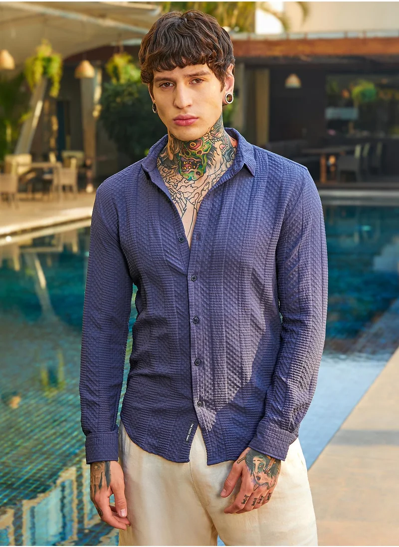 كامبوس سوترا Men's Berry Blue Parallel-Check Tactile Shirt
