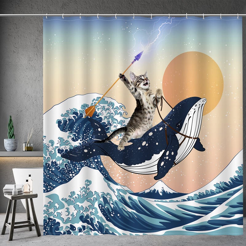 Aimego Funny Shower Curtain Brave Cat Holding Trident Arrow Riding Shark in Ocean Wave Whale Cat Shower Curtain Set with 12 Hooks for Bathroom Decor Accessories Bathtub Curtain 72x72
