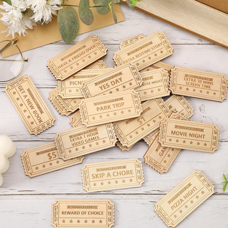 CypherX Kids Reward Tokens Unique Birthday Wooden Tokens for Kids 24 Redeemable Tokens 3 Blank DIY Tokens Coupon Shaped Not for Easter Eggs - Image 2