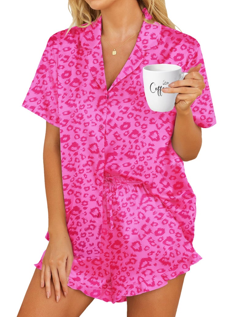 HOTOUCH Womens Silk Satin Set Two-Piece Button Down Short Sleeve Sleepwear Pajamas Hot Pink Loepard, Medium - Image 1