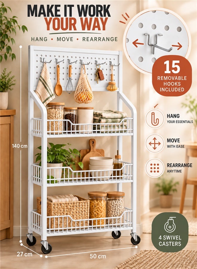 بلومنغ تايم رف تخزين وعرض متحرك بـ 4 طبقات مع لوح تثقيب (Pegboard)، و15 خطافاً معدنياً فضياً، و4 عجلات دوارة، مقاس 50 × 27 × 140 سم - Image 5
