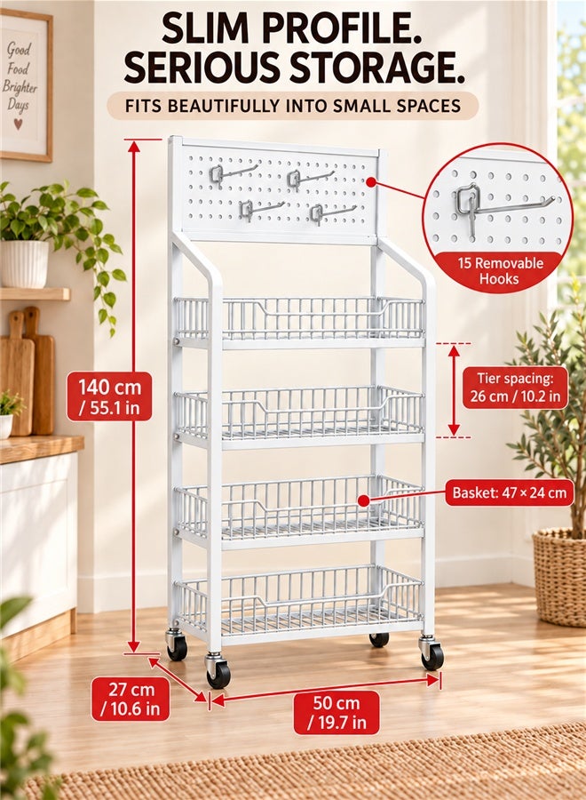 بلومنغ تايم رف تخزين وعرض متحرك بـ 4 طبقات مع لوح تثقيب (Pegboard)، و15 خطافاً معدنياً فضياً، و4 عجلات دوارة، مقاس 50 × 27 × 140 سم - Image 3