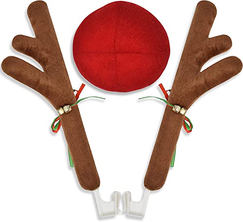 EcoNour Car Reindeer Antlers  Nose for Christmas  Decoration Kit with Reindeer Antler Jingle Bells  Nose  Horns Set Made of Sponge Stuffings  Rudolph Car Decoration for Christmas