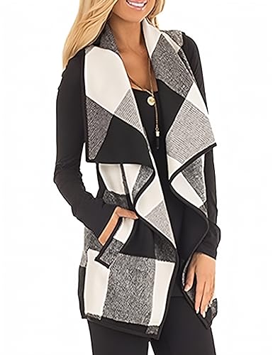 Unidear Womens Cardigans Vest Kimonos Hooded Plaid Sleeveless Fringe Asymetric Hem Coat Jacket Black S - Image 3