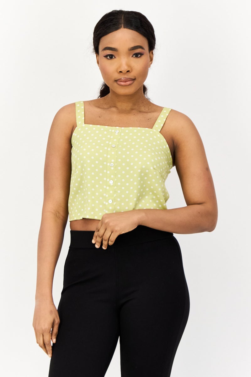 ONLY Women Square Neck Sleeveless Polka Dots Tank Top, Green - Image 1