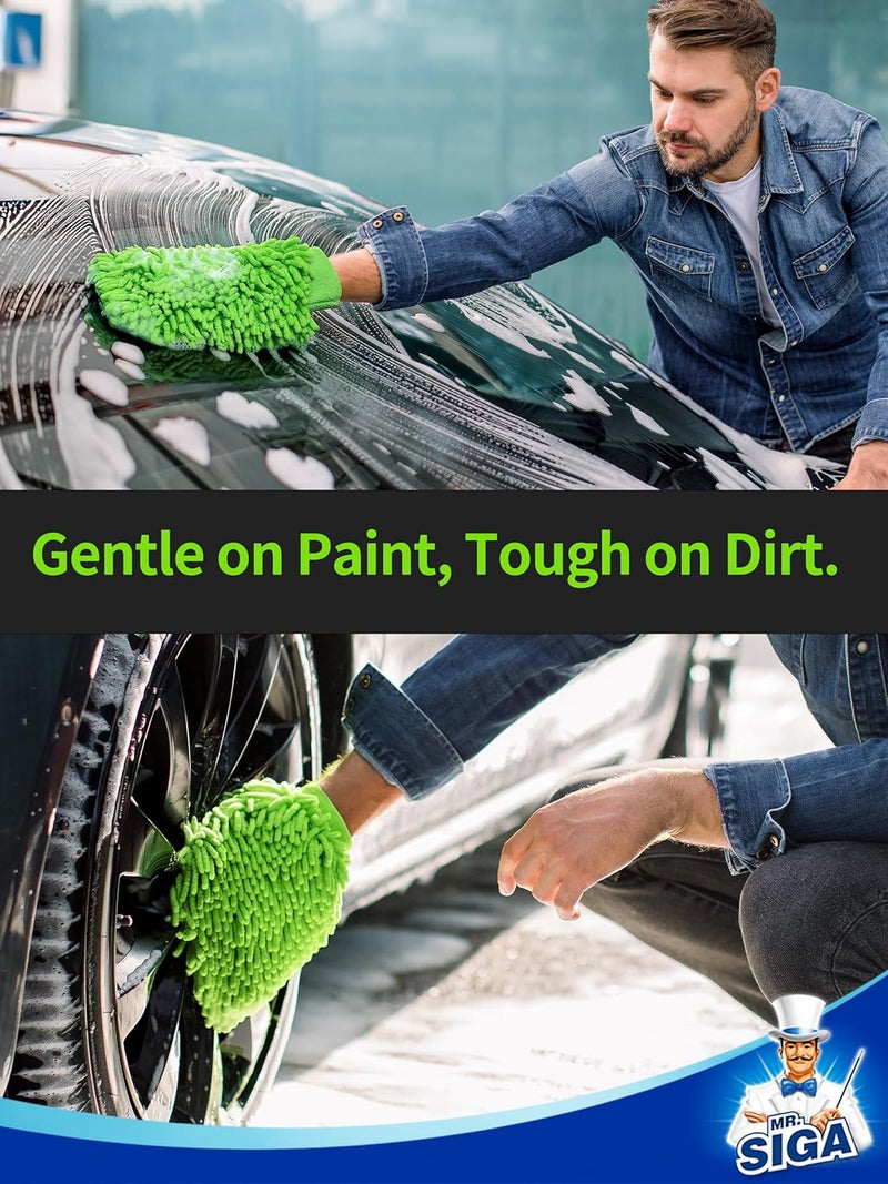 Mr Siga MR.SIGA Microfiber Chenille Cleaning Gloves, 2 Pack - Grey and Green - Image 3
