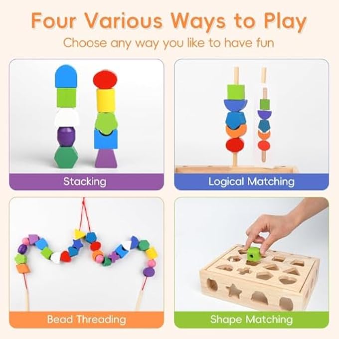 3 IN 1 MONTESSORI WOODEN SORTING AND LACING TOY SET, GEOMETRIC SHAPE MATCHING BEADS SEQUENCING GAME FOR TODDLERS, COLOR SORTING STACKING FINE MOTOR SKILLS LEARNING TOYS FOR KIDS AGE 3+ - Image 2