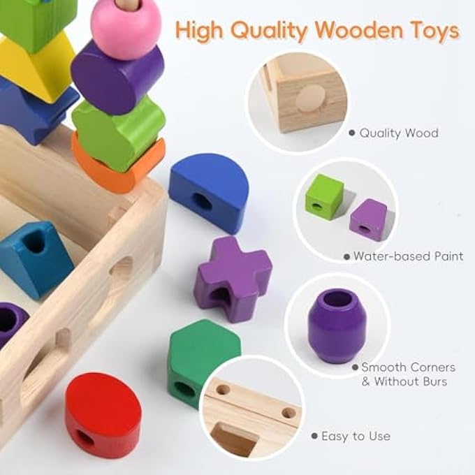 3 IN 1 MONTESSORI WOODEN SORTING AND LACING TOY SET, GEOMETRIC SHAPE MATCHING BEADS SEQUENCING GAME FOR TODDLERS, COLOR SORTING STACKING FINE MOTOR SKILLS LEARNING TOYS FOR KIDS AGE 3+ - Image 5