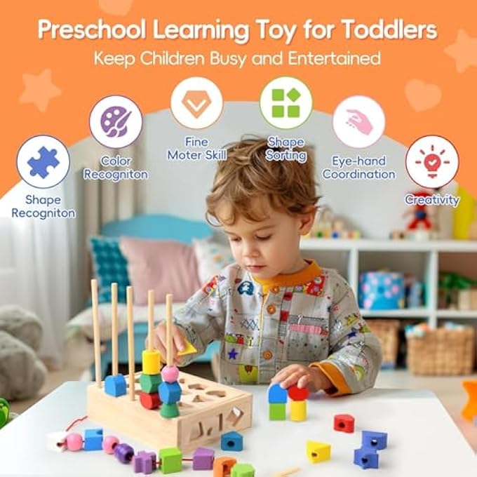 3 IN 1 MONTESSORI WOODEN SORTING AND LACING TOY SET, GEOMETRIC SHAPE MATCHING BEADS SEQUENCING GAME FOR TODDLERS, COLOR SORTING STACKING FINE MOTOR SKILLS LEARNING TOYS FOR KIDS AGE 3+ - Image 3