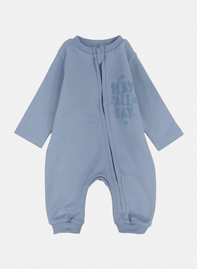 Pompelo Baby Boys Cotton Footless Onesie – Baby Blue with "Play all Day" Design - Image 1