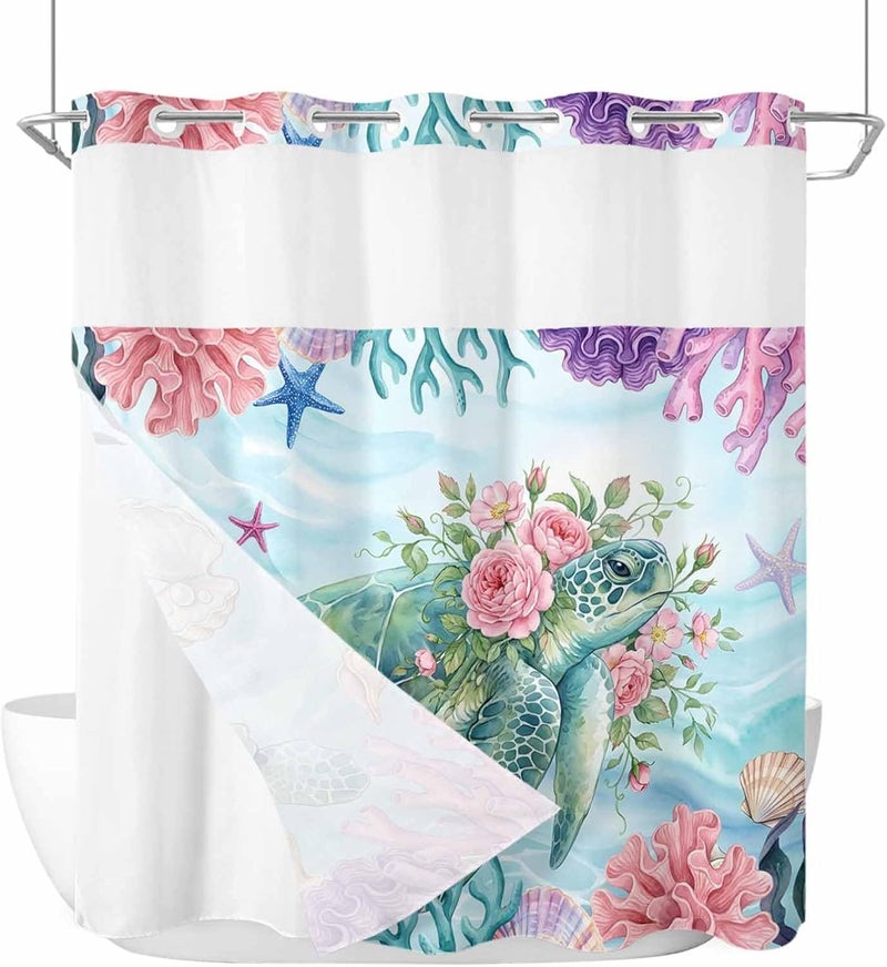 No Hook Shower Curtain and Liner Set, Ocean Animal Snap in Shower Curtain Set, Summer Coastal Starfish Coral Floral Turtle Blue Waterproof Fabric Bathroom Curtain with See Through Top Window 72"x72" - Image 1