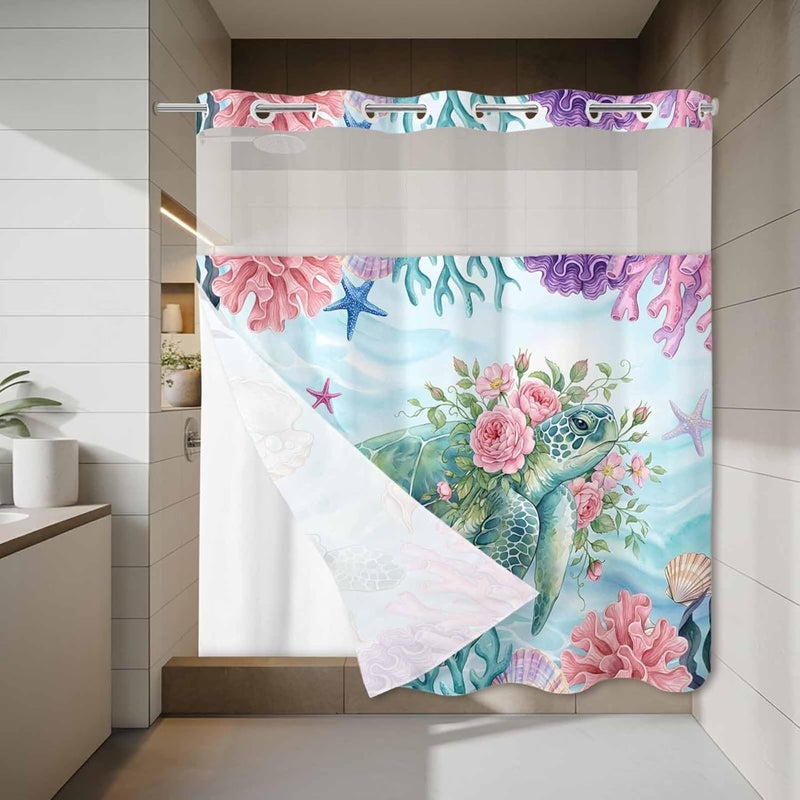 No Hook Shower Curtain and Liner Set, Ocean Animal Snap in Shower Curtain Set, Summer Coastal Starfish Coral Floral Turtle Blue Waterproof Fabric Bathroom Curtain with See Through Top Window 72"x72" - Image 3