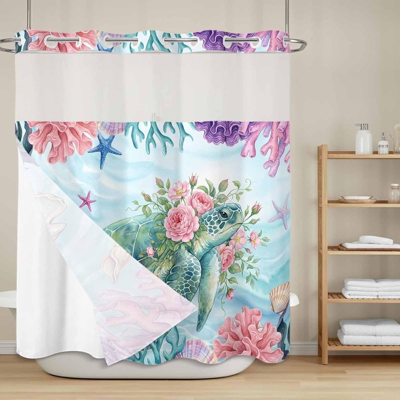 No Hook Shower Curtain and Liner Set, Ocean Animal Snap in Shower Curtain Set, Summer Coastal Starfish Coral Floral Turtle Blue Waterproof Fabric Bathroom Curtain with See Through Top Window 72"x72" - Image 2