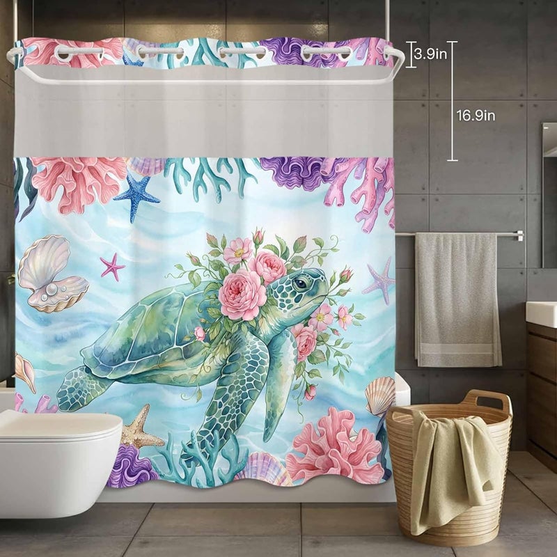 No Hook Shower Curtain and Liner Set, Ocean Animal Snap in Shower Curtain Set, Summer Coastal Starfish Coral Floral Turtle Blue Waterproof Fabric Bathroom Curtain with See Through Top Window 72"x72" - Image 4