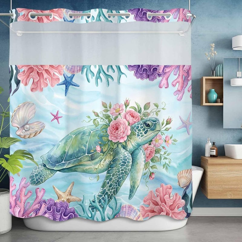 No Hook Shower Curtain and Liner Set, Ocean Animal Snap in Shower Curtain Set, Summer Coastal Starfish Coral Floral Turtle Blue Waterproof Fabric Bathroom Curtain with See Through Top Window 72"x72" - Image 5