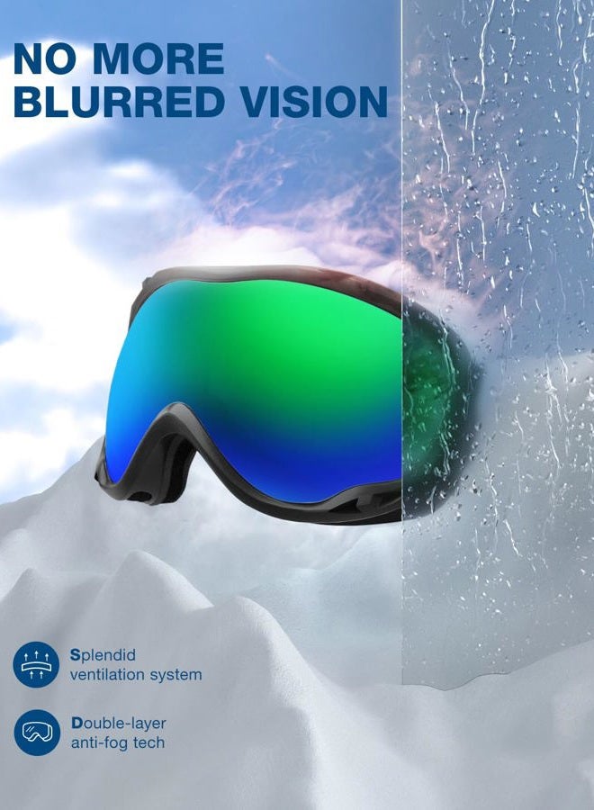 ZIONOR Lagopus Ski Snowboard Goggles UV Protection Anti fog Snow Goggles for Men Women Adult Youth VLT 18% Black Frame Mirrored Green Lens - Image 5